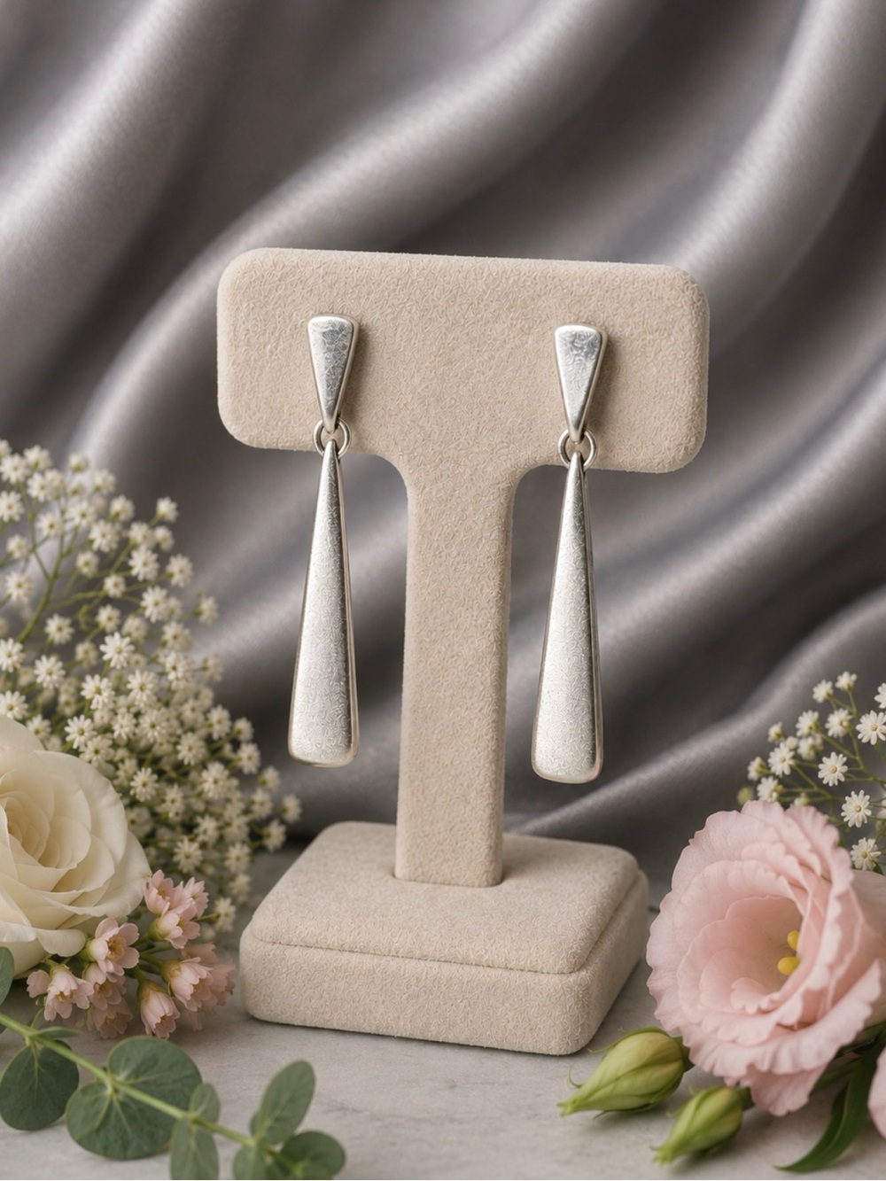 Matte Sterling Silver Teardrop Dangle Earrings - Silver